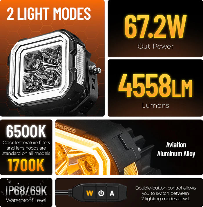 Suparee 5-Inch LED Off-Road Lights White + Amber Dual-Mode for Jeep Wrangler JL/JT